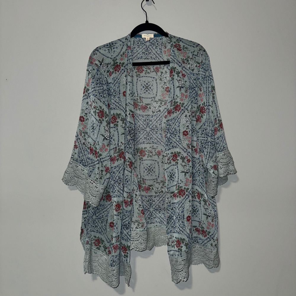 Mason & Belle Blue Floral Tile Print Kimono Cardigan Crochet Lace Trim‎ Plus 3X